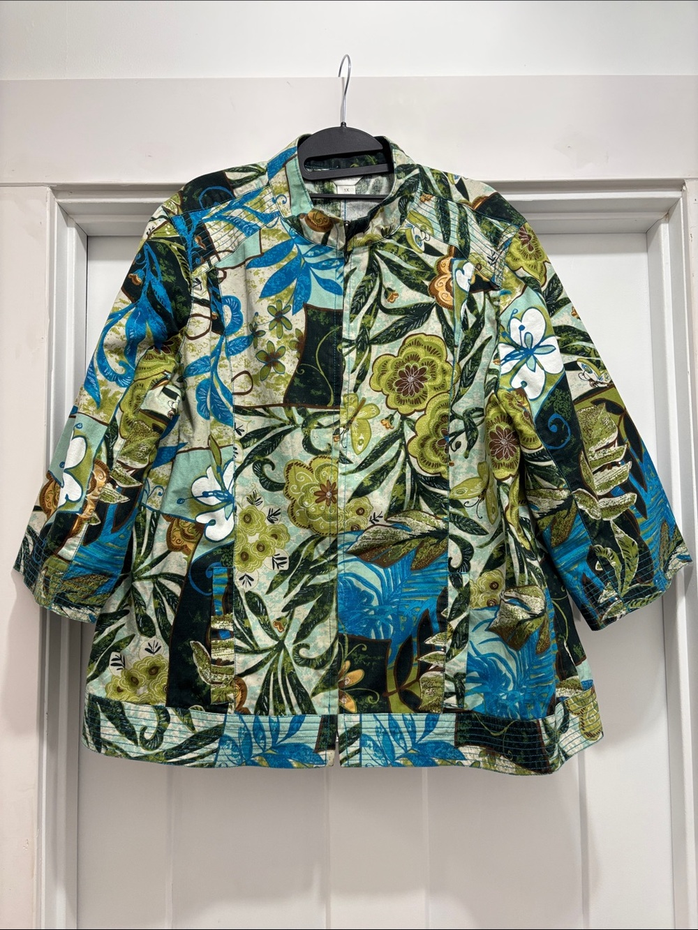 CJ Banks Green and Blue Floral Patchwork Shirt Jacket